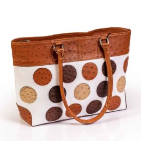 Brown white ostrich leather handbag circle print
