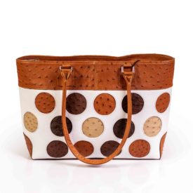 Brown white ostrich leather handbag circle print