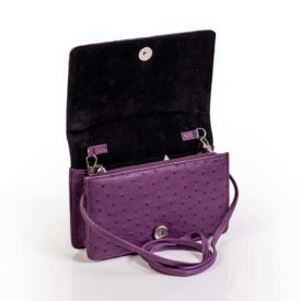 Purple ostrich leather handbag open