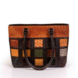 Patched ostrich leather handbag