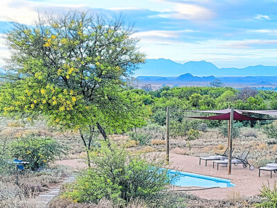 Mountain sunset at De Zeekoe accommodation with swimming pool